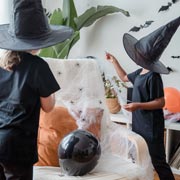 Witch and wizard outfits are fairly simple to accomplish with some black cloth, cardboard and tape. Witch and wizard outfits are fairly simple to accomplish with some black cloth, cardboard and tape.