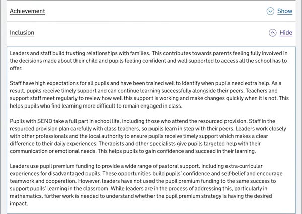 Example of one key area expanded to show the detailed Ofsted commentary. Example of one key area expanded to show the detailed Ofsted commentary.