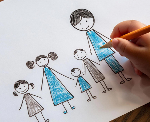 Child's original 'stick men' style drawing of a family.